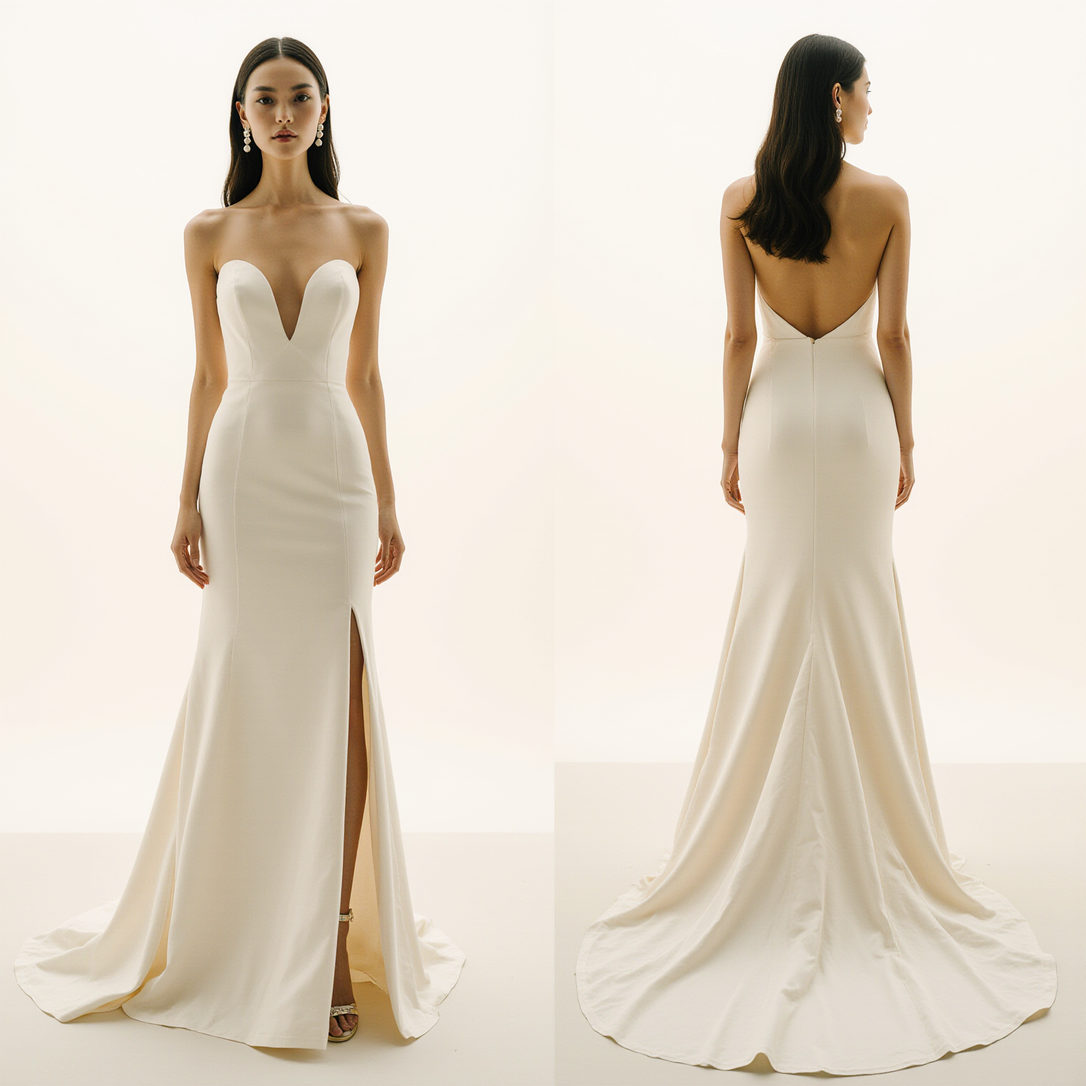 Modern Ivory Satin Wedding Dress – Deep Sweetheart Neckline, Front Slit & Backless Mermaid Silhouette with Chapel Train | Maison Bridal