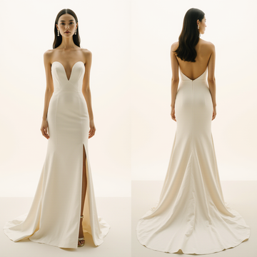 Modern Ivory Satin Wedding Dress – Deep Sweetheart Neckline, Front Slit & Backless Mermaid Silhouette with Chapel Train | Maison Bridal