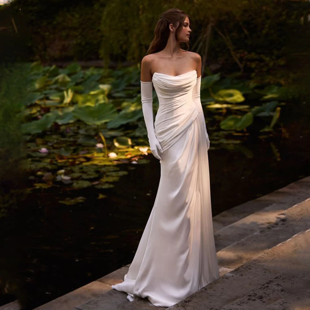 Off-Shoulder Draped Satin Wedding Dress – Elegant Mermaid Gown with Gloves & Train | Maison Bridal