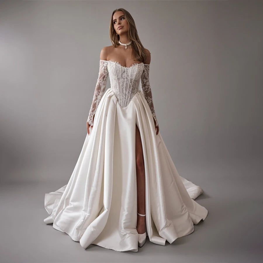 Off-Shoulder Lace Corset Satin Wedding Dress – Luxury Ball Gown with High Slit | Maison Bridal