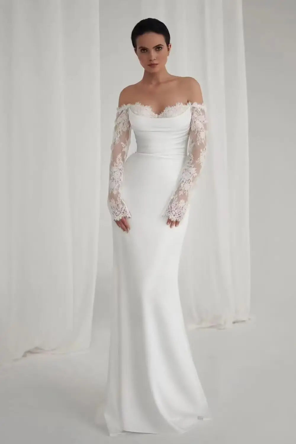 Off-Shoulder Lace Sleeve Satin Wedding Dress – Elegant Fitted Bridal Gown with Sweetheart Neckline | Maison Bridal