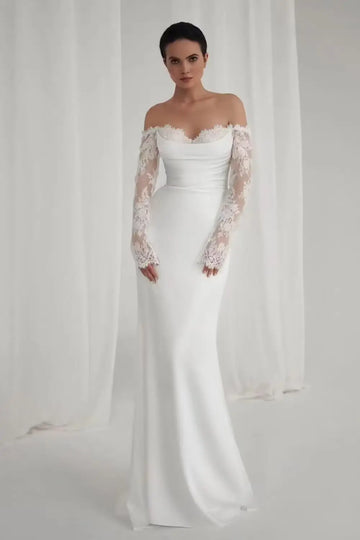 Off-Shoulder Lace Sleeve Satin Wedding Dress – Elegant Fitted Bridal Gown with Sweetheart Neckline | Maison Bridal