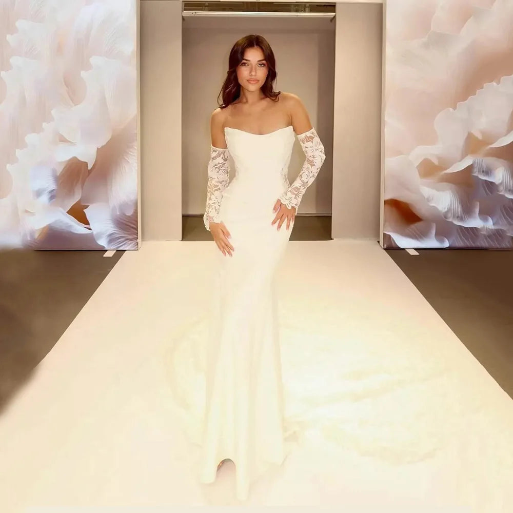 Off-Shoulder Lace Sleeve Satin Wedding Dress – Elegant Mermaid Bridal Gown | Maison Bridal