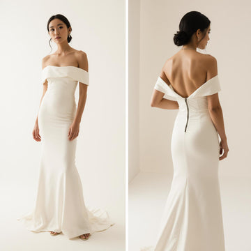 Off-Shoulder Satin Wedding Dress – Elegant Mermaid Bridal Gown with Train & Folded Neckline | Maison Bridal