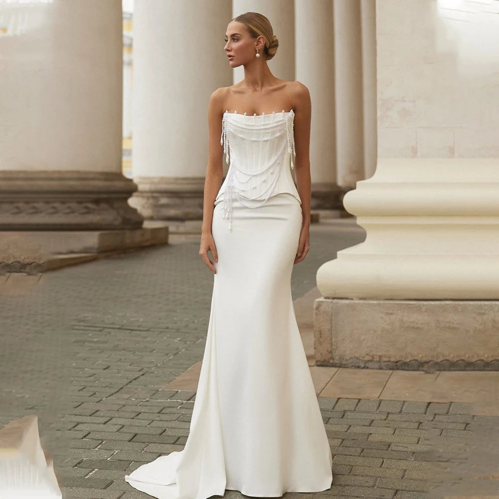 Pearl Corset Wedding Dress – Elegant Strapless Satin Bridal Gown with Draped Bodice & Train | Maison Bridal