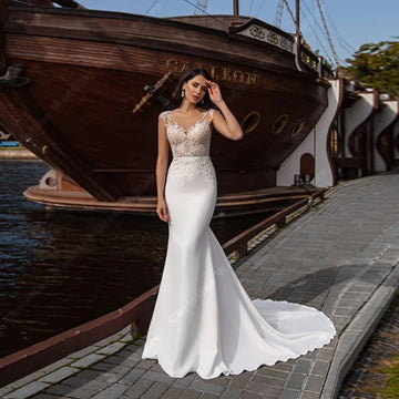 Customized Classic Mermaid Women Wedding Dresses Sexy Sleeveless Satin Bridal Gowns Princess Engagement Banquet Vestido De Novia