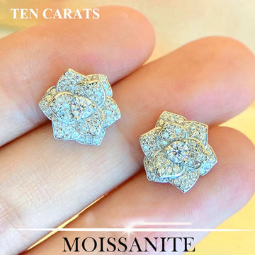 TEN CARATS Moissanite Earrings 925 Sterling Silver Flower Design Stud Jewelry Elegant Sparkling Petal Gift for Women Wedding