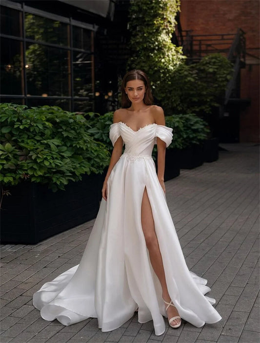 Hot Sale Off The Shoulder Lace Applique Pleat Satin A Line Bridal Grown Wedding Dresses Side Slit Custom Made 2026 Rode De