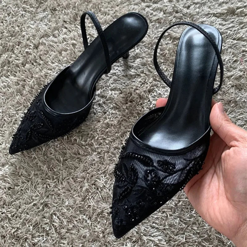 Black Mesh Embroidery Women Pumps Sexy Pointed Toe String Bead High Heels Summer Elegant Party Designer Shoes Heeled Sandals