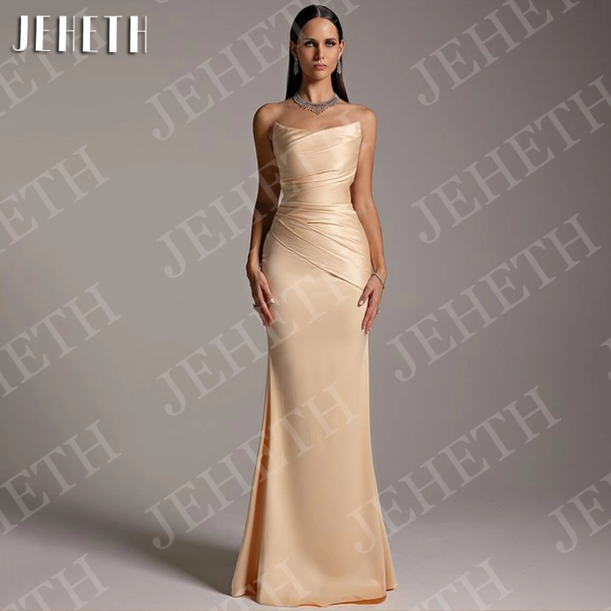 JEHETH Satin Mermaid Evening Dresses Charming Lady Prom Gown Elegant Strapless Ruched Party Dress Champagne Customized Woman