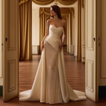 Customized Strapless Sheath Wedding Dress with Sweetheart Neckline Satin Fabric Lace-up Back Floor Length Sweep Train for Bride