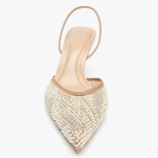Luxury String Bead Design Brand High Heels Women Fashion Pointy Toe Slingback High Heeled Sandals Elegant Wedding Bridal Shoes