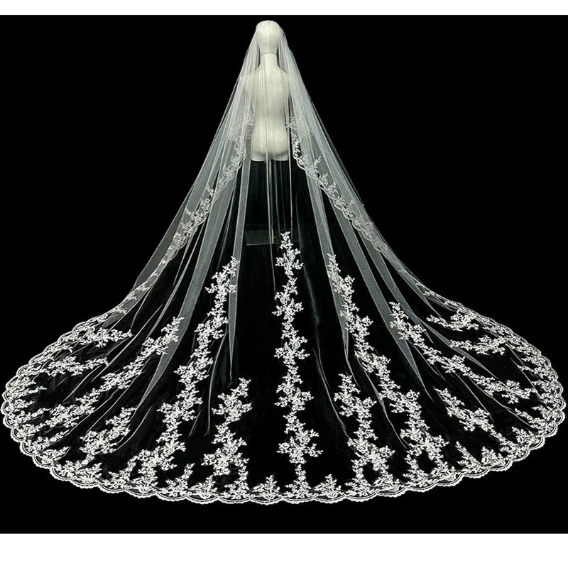 White Ivory 3M 4M 5m Two Layer Wedding Veil With Comb  Lace Edge Bridal Veils Appliqued Cathedral  Wedding Accessorie