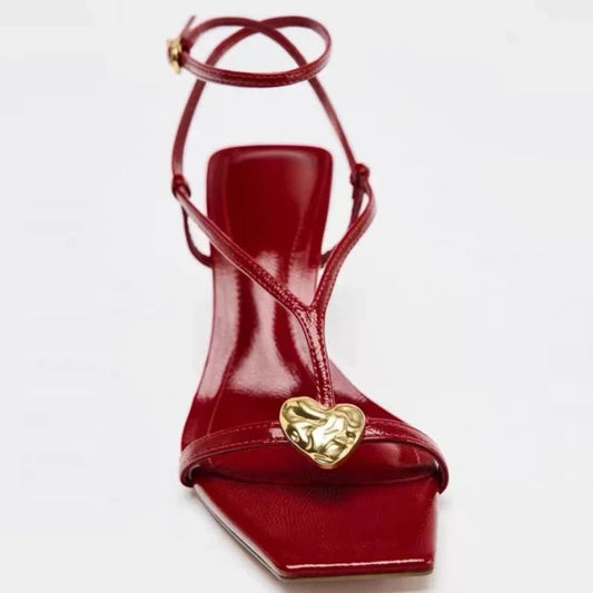 Red Sexy Metal Buckle High Heels Women Fashion Ankle Strap Wedding Party Shoes Ladies Square Toe Elegant Brand Sandals Women