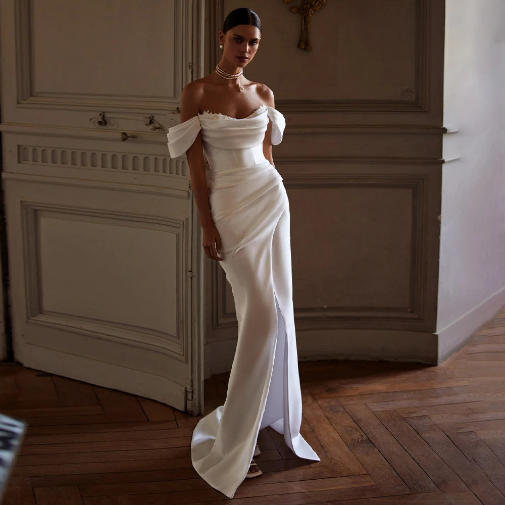 Mermaid Wedding Dress Off the Shoulder V Neck Criss-Cross Trumpet Wedding Gowns for Women 2024 Bride Pleats Applique Bridal Gown