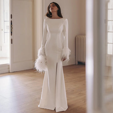 Scoop Neck Mermaid Wedding Dress Long Sleeves with Feathers Sexy Side Slit Floor Length Open Back Bridal Sheath Custom Made Gown