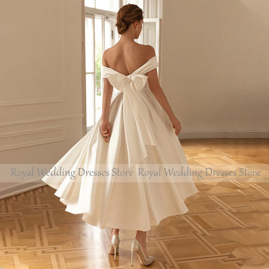 Midi Wedding Dresses Ivory Satin Off the Shoulder Princess  Gowns for Bride A Line Ankle Length Bow Short Bridal