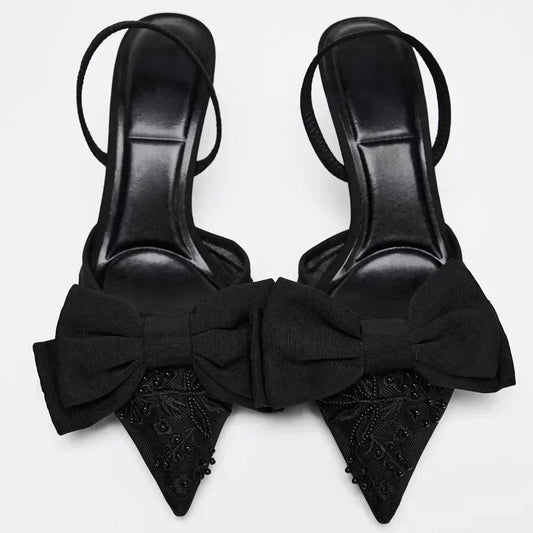 Black Mesh Beaded Decoration Heeled Sandals Women Sexy Pointed Toe Slingbacks Thin High Heels Elegant Bow Designer Women Pumps
