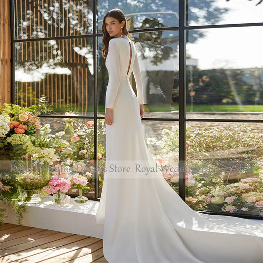 Ivory  Elegant Bridal Dress Mermaid Full Sleeves Satin Wedding Gowns for Women 2025 V Neck Bride Split  Wedding Dresses Long