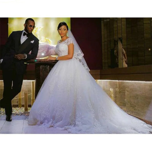 Vintage Lace Appliques African Beading Wedding Dresses Short Sleeves Vestido De Noiva Robe De Mariee Bride Dresses Bridal Gowns