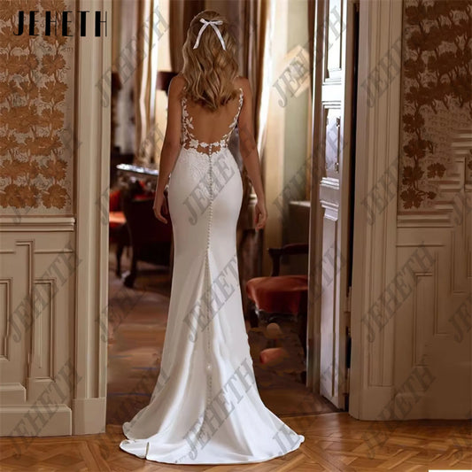 JEHETH Elegant Mermaid Wedding Dresses Women Open Back V-Neck Lace Spaghetti Straps Bridal Gown Vestidos De Novia Customized