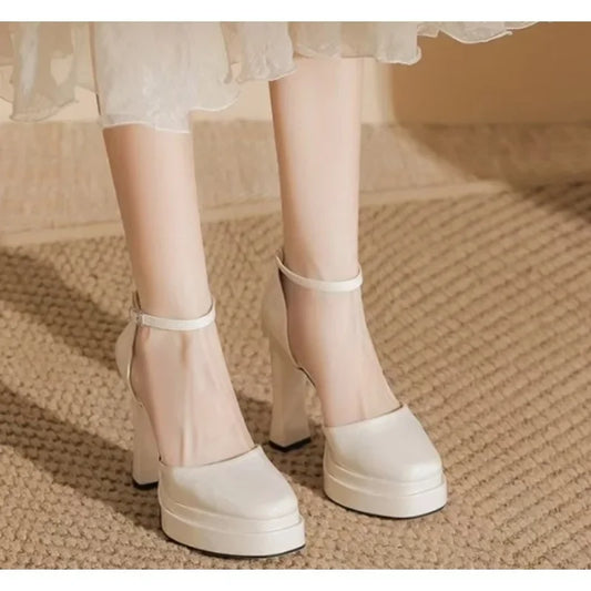 Waterproof platform high heels women's summer buckle patent leather thick-heeled shoes 11cm white high-heeled sandals size 35-42