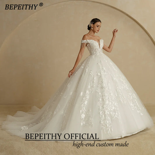 BEPEITHY Customized Off Shoulder Sleeveless Flore Princess Wedding Gown 2022 For Women Cheap Online V Neck Lace Bridal Dresses