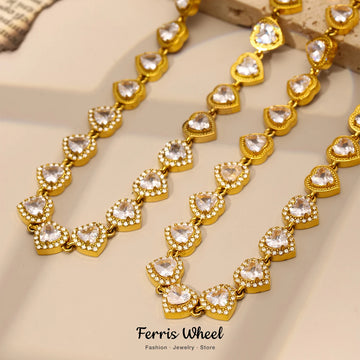 Trendy Stainless Steel Cuban Chain Necklace Bracelet for Women White Zircon Inlaid Luxury Charm Bangle Jewelry Gift