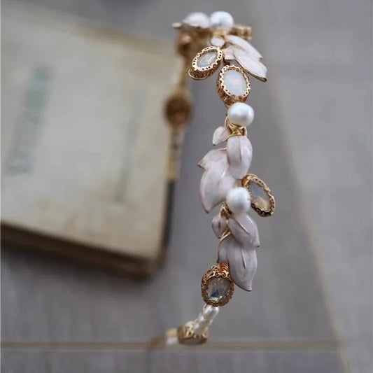 Opal Crystal Wedding Tiara Bridal Hair Crown Freshwater Pearls Jewelry Women Hairband Gold Color