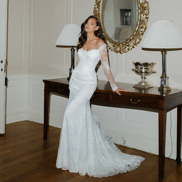 Off Shoulder Lace Long Sleeve Mermaid Wedding Dress – Elegant Satin Bridal Gown with Train | MaisonBridal