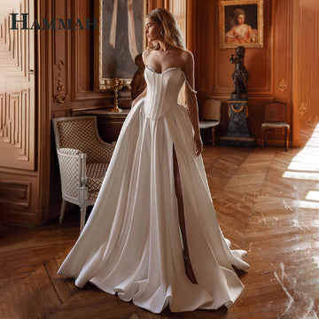 HAMMAH Elegant Pearls Wedding Dress Slit Sweetheart Pleat A-line Lace up Off the Shoulder Chapel Train Robe De Mariee Customized