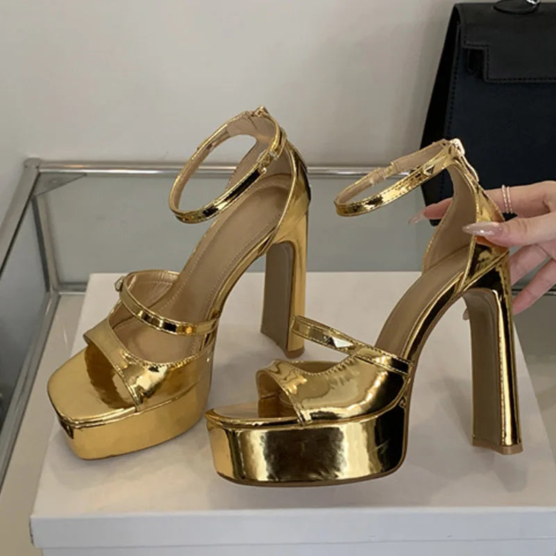 Liyke Summer Fashion Zip Cover Strap Women Platform Sandals Cozy Patent Leather Chunky High Heels For Woman Party Dress Shoes