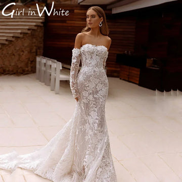 Charming Customized Sweetheart Long Sleeves 2025 Mermaid Lace Applique Evening Dress Off Shoulder Backless Wedding Gowns