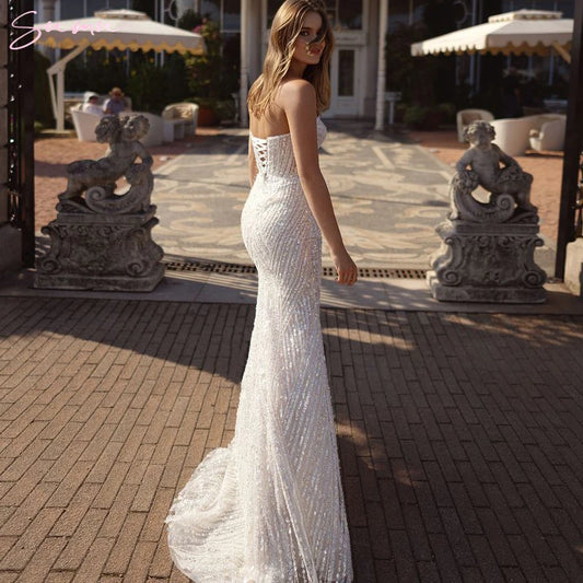 White Sweep Train wedding dress 2025 Pearls Mermaid Wedding Dresses Lace-Up Customized جديد في الفساتين