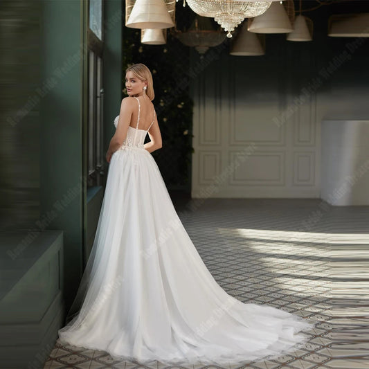 Sweetheart Collar A-Line Women Wedding Dresses Lace Print Sleeveless Bridal Gowns Princess Banquet Vestidos De Novias Customized