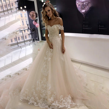 Vintage Off The Shoulder Sweetheart Lace Applique Bridal Grown A Line Wedding Dresses Sweep Train Custom Made Vestido De Noival