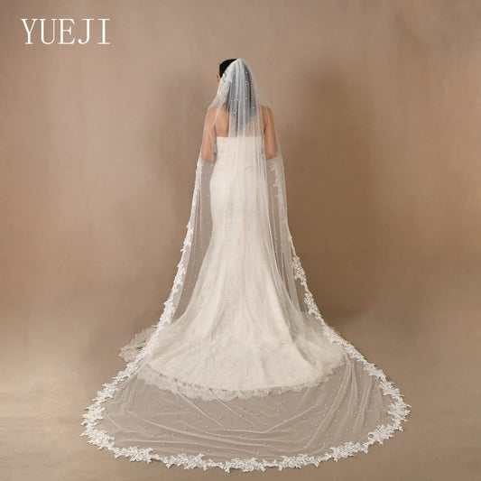 YUEJI Fashion Bridal Wedding Lace Veil Single Layer Cathedral Train Elegant Single Layer Combed Pearl Tulle V82