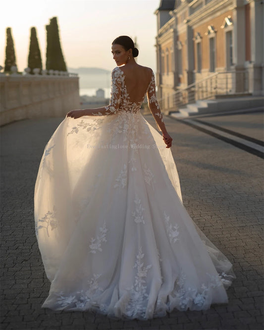 Modern Long Sleeves V-neck Lace Applique Bridal Grown A Line Wedding Dresses Custom Made 2025 Vestido De Noival