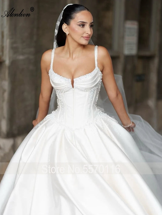Alonlivn Luxurious Satin Sweetheart A-Line Wedding Dresses Beading Pearls Spaghetti Straps Bride Gowns