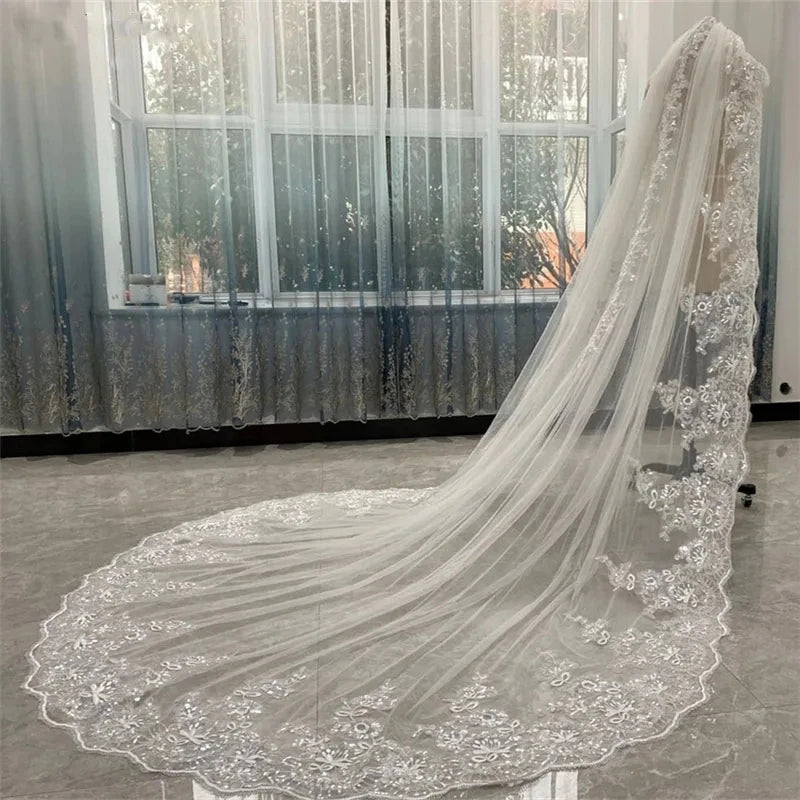 Real Photo New All Lace Edge Cathedral Length Bridal Veil Lace Veil Wide Veil 1 Layer Wedding Veil Accessories Veu Velo Noiva
