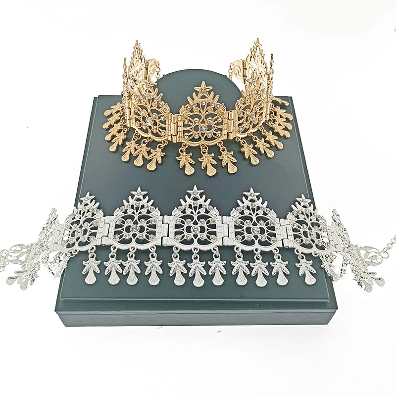 Algerian Bridal Hair Jewelry Metal Water Drop Crystal Hair Chain Star Moon Shape Arab Lady Prom Headgear Gold Color Silver Color