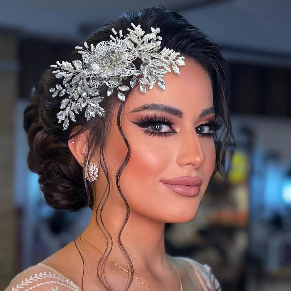 DZ099  Handmade Women Tiara Leaves Wedding Hair Comb Vintage Bridal Hair Accessories Shiny Rhinestones Flower Bridal Hairpins