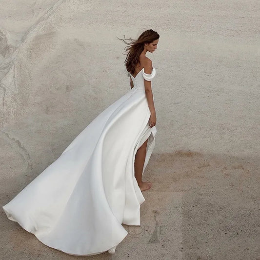 LORIE Soft Satin A Line Wedding Dresses Sleeveless Off The Shoulder Bridal Gowns Long Train Wedding Party Gowns Customized