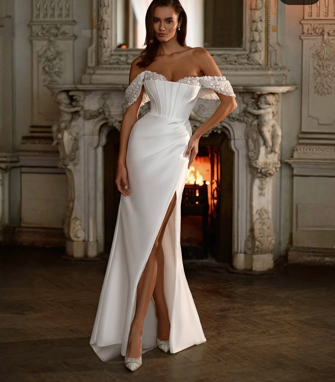 Customize To Measures 2025 Wedding Dress Satin Side Slit Mermaid Floor Length Off The Shoulder Satin Sparkly Robe De Maries