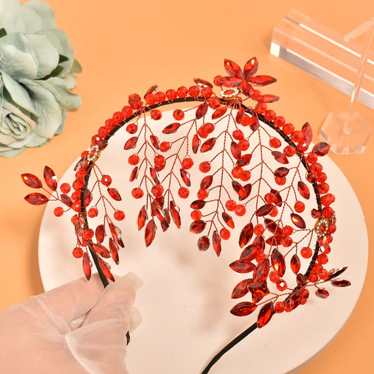 DZ228 Red Crystal Rhinestone Bridal Tiaras Handmade Wedding Headhoop Bridal Hair Accessories Women Hair Jewelry Girls Headdress