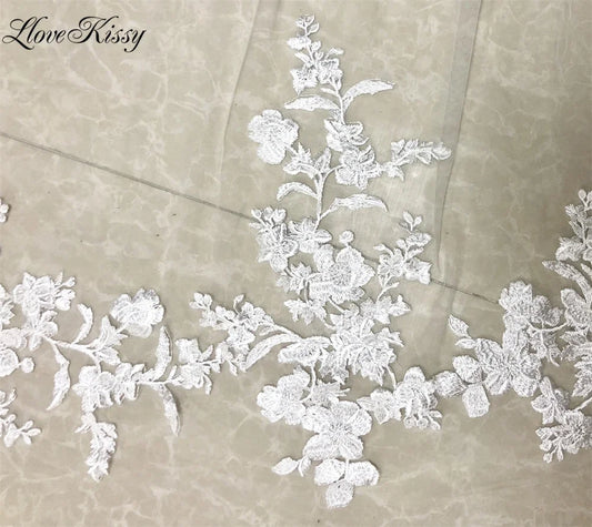 1 Tier Bridal Veil Long Wedding Veil With Comb Lace Edge Floral Appliques White Ivory Elegant Cathedral Veil for Bride 300cm