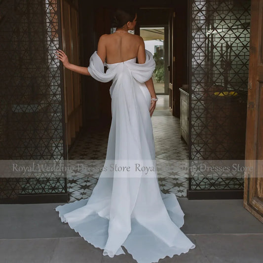 Mermaid Wedding Dresses Ivory Organza Satin Off the Shoulder Elegant Wedding Gown for Bride V Neck Backless Trumpet Bridal Dress