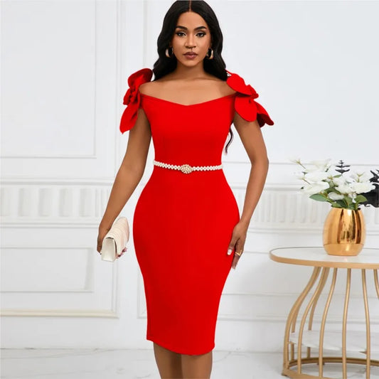 Bodycon party Dresses Package Hip Evening Dress Slim Vestidos Solid Color Vestido Flower V-link Elegant Temperament Simple Style