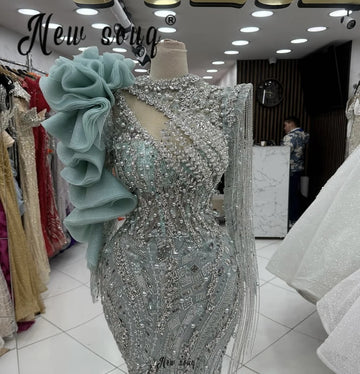 Hot Sale Mint Green Ruffles Sheath Prom Evening Dress Deep With Long Sleeve Tassels Wedding Party Gowns Vestidos Customized