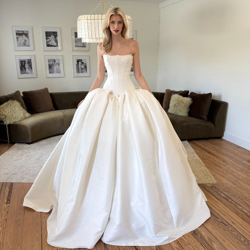 Vintage Strapless Thick Satin Bridal Grown A Line Wedding Dresses Custom Made 2026 Vestido De Noival